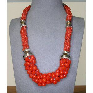 Chunky Multistrand Red Beaded Necklace With Silver-Tone Accents